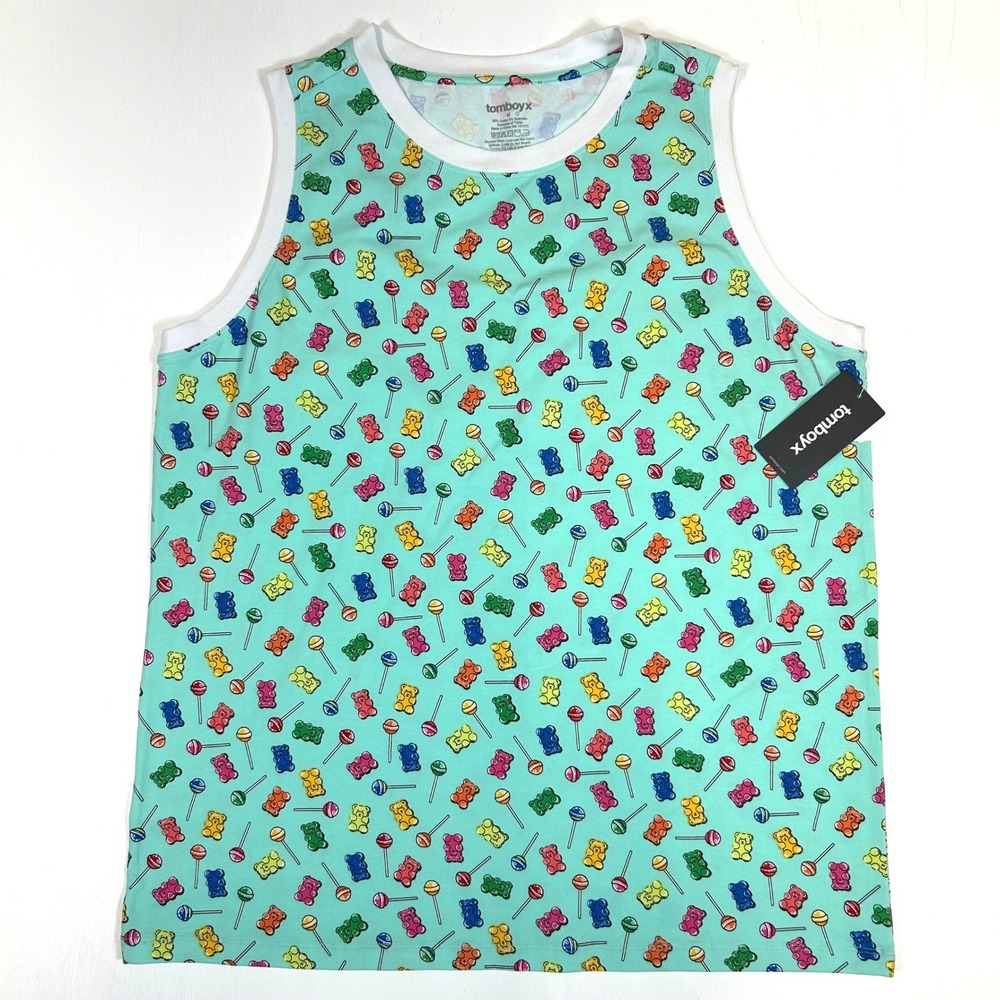 TomboyX Gummy Bear Lollipop Print Muscle Tank Top Mint Green Mens Medium NEW